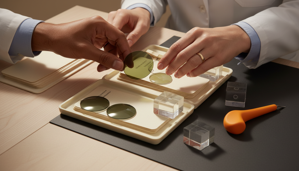 Hands examining round tinted sun lenses on trays at an optical workbench.