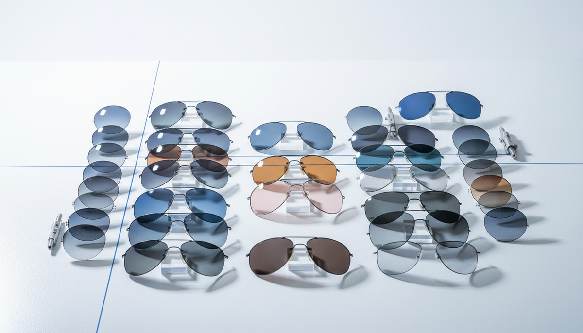 Assortment of sunglasses and loose sun lenses in different colors displayed on a white surface.